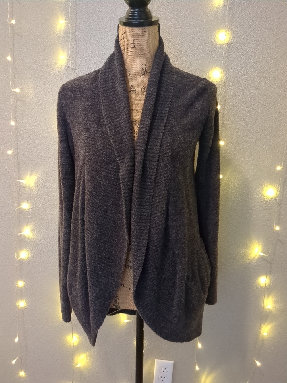 Barefoot Dreams Cozy Chic Lite XS S Gray Charcoal Shawl-Collar Open Cardigan
